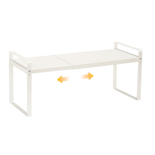 Cozary Scaffale da Cucina Espandibile (37∼63cm), Mensole da Cucina per Stoviglie, Metallo Scaffale Cucina, per Utensili, Snack o Libri, Più Spazio di Appoggio, per Cucina, Banconi, Dispensa, Bianco