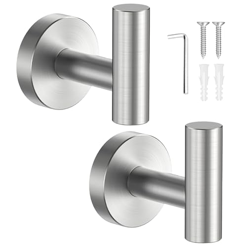 SetSail Towel Hooks for Bathrooms 2 Packs Screw-in Brushed Nickel Bathroom Towel Hook Wall Mounted Stainless Steel Shower Towel Hooks for Coat Hanging, Drilling Hole