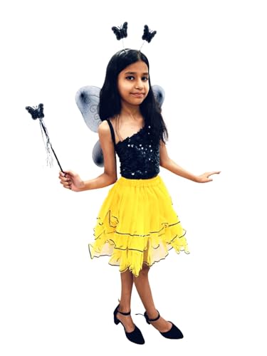 Image of BookMyCostume Butterfly & Honey Bee Fairy Costume for Girls - Sparkly Sequin Top & Layered Tulle Skirt Dress Set with Wings and Wand - Fancy Dress Outfit for Annual Day, Halloween & Cosplay 6-7 years