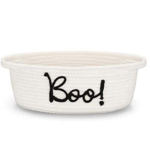 Reallnaive Halloween Boo Woven Basket Cute Storage Spooky Basket with Handle Boo Woven Trick or Treat Gift Organizer for Halloween Party Favors and Decorations Women Men(White 12 x 8 Inch)