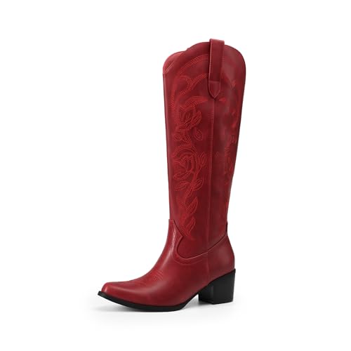 DREAM PAIRS Womens Cowboy Boots Western Comfortable Chunky Heel Square Toe Embroidered Cowgirl Knee High Boots,Size 8,Red,SDKB26002W