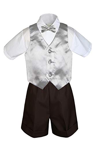 MILLTEX 4 Pieces Set Formal Party Wedding Color Satin Vest & Bow tie Shirt Brown Shorts Set New Born Baby Boy Toddler Sm-4T (SM (0-6 Months Old), Silver)