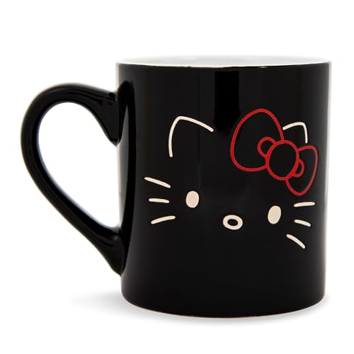 Hello Kitty Sanrio Black Outline Wax Resist Ceramic Mug | Coffee Cup For Tea, Espresso, Cocoa | Holds 14 Ounces