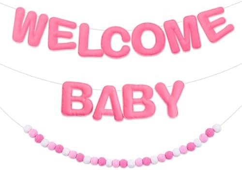 Kelfara Felt Welcome Baby Shower Banner - Prestrung 9ft Pink Welcome Baby Sign with 28 Balls Banner for Gender Reveal, Baby Party Decorations, Birthday Supplies, Ideal for Newborn Celebrations