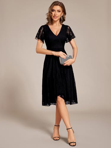 Ever-Pretty Women's V Neck Short Sleeves Lace A Line Hi-Lo Midi Semi Formal Dress 024893