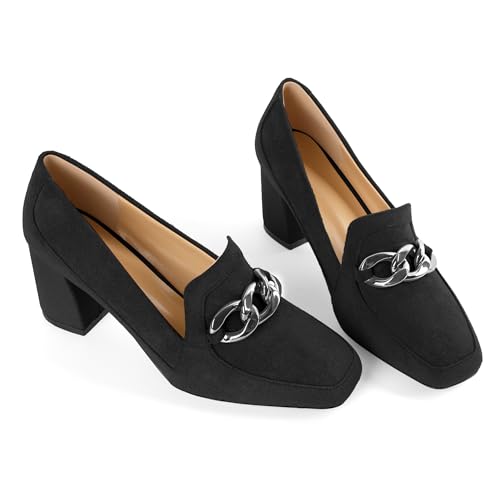 Image of Women Square Toe Pumps Loafers with Metal Buckle Low Heel Shoes Chunky Block Heel Pumps Daily Casual Heels Black Suede Leather US Size 7.5