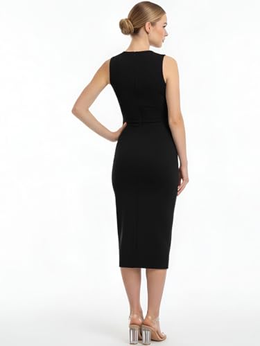 Image of Women's Sleeveless Midi Dress, Square Neck, Ruched Side, Bodycon Style with Slit