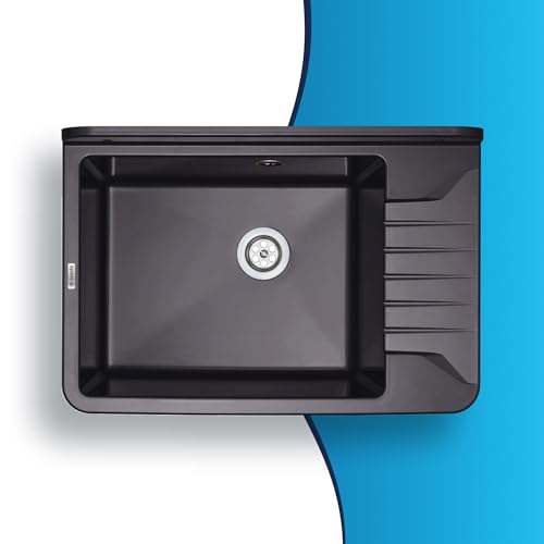 LAXARA Ausgussbecken aus HIPS-Polystyrol korrosionsbeständig Farbe: Graphit mit Armatur | Universal Waschtrog mit Siphon + Überlauf | Spülbecken + Montageset für Waschraum, Garten, Garage, Werkstatt