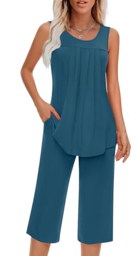 Image of Findsweet Women Pajamas Sets Loungewear Soft Sleepwear Two Piece Summer Sleeveless Pjs Tank Top Pants with Pocket S-4XL