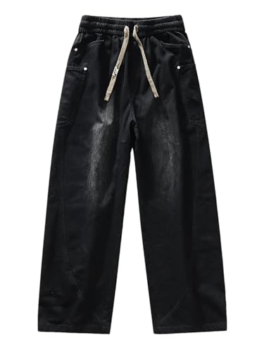 Men’S Big Size Wide Leg Jeans Mid Waist Loose Fit Denim Pants Casual Drawstring Closure Lightweight Jeans