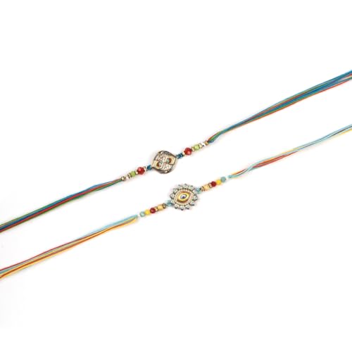 Image of Traditional Handmade Beaded Rakhi For Raksha Bandhan| Hand Bracelet For Brother| Wrist Band For Bhaiya & Bhabhi | Trendy Combination Designs Protective Thread Combo-Set Of 2