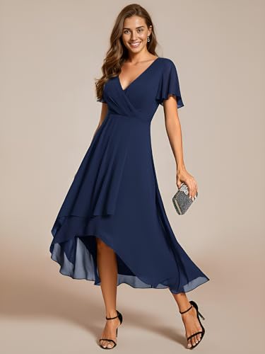 Ever-Pretty Women's Chiffon Formal Dresses V Neck Ruffle Sleeves Pleated High Low Summer Wedding Guest Dress3