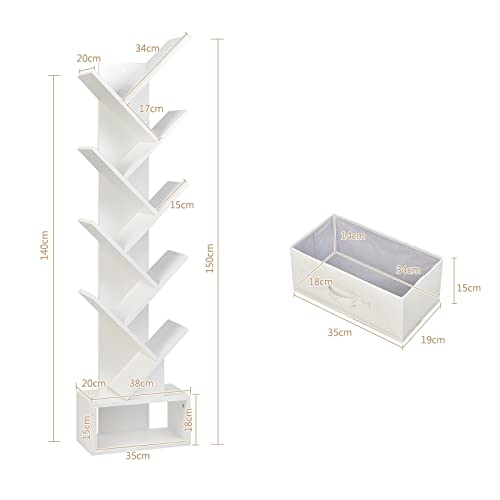 COSTWAY Tree Bookshelf, 10-Tiers Floor Standing Wooden Bookcase Storage Shelving Unit, Narrow Magazine Book Display Rack for Living Room, Bedroom and Office (White, with Drawer) - Image 4
