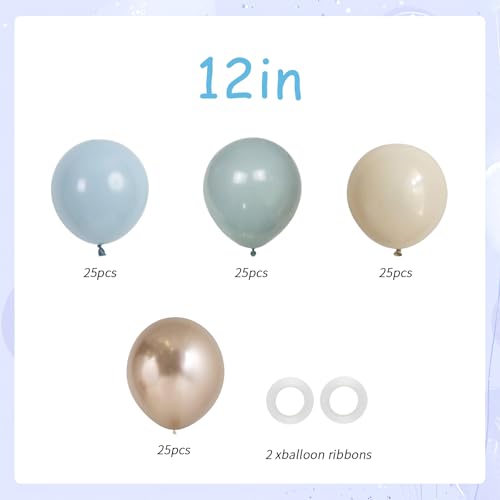 Image of 100pcs Dusty Blue Balloon Set | 12-Inch Baby Slate Blue, Sand White & Champagne Gold Confetti Balloons | Elegant Decor for Baby Shower, Wedding, Graduation & Boys' Birthday (2 Ribbons)
