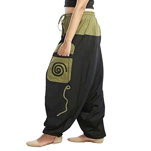 Simandra Pantalon Sarouel Bouffant Homme et Femme Aladin 100% Pur Coton (Noir-Vert, S/M)