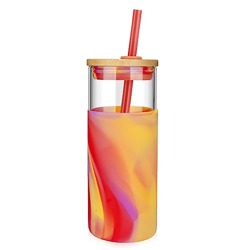 Tronco 20 oz Glass Tumbler with Lid and Straw, Iced Coffee Cup and Smoothie Cup with Bamboo Lids & Protective Silicone Sleeve, Dishwasher Safe, BPA-Free, Glass Cup 1 Pack Amber 20 Ounces (Pa