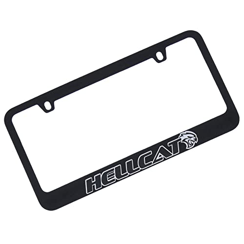 Eurosport Daytona Black License Plate Frame- 2018 Hellcat Logo Word, UV Direct Black on Mirror Acrylic