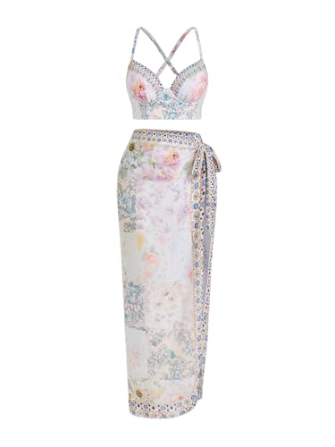 Women's 3 Piece Bikini Set Boho Floral Criss Cross Backless Swimsuit Bathing Suit with Cover Up