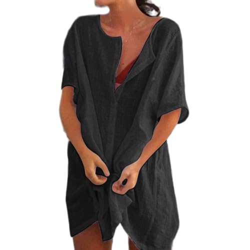 Akivide Women's Summer Cotton Linen Short Sleeve Button Up Shirt Casual Plus Size Beach Swimsuit Cover Up Mini Dress