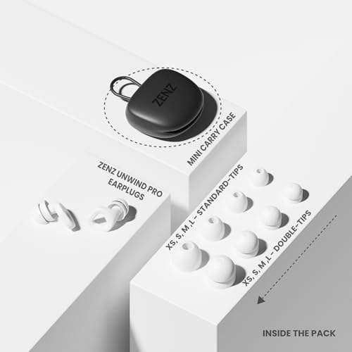 Image of Zenz Unwind Pro Ear Plugs for Sleeping, Soft Silicone Reusable Earplugs for Snoring, Yoga, Reading & Travel, 35dB Noise Reduction, 4 Sizes XS /S /M /L, Secure Fit with Case (Glacier White, One Size)