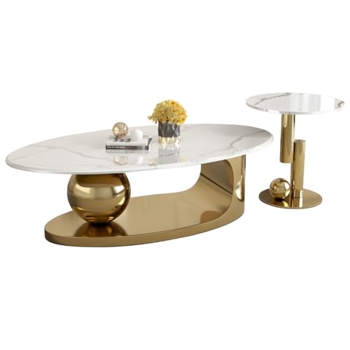 LAKIQ Modern Nesting Coffee Table Set - Oval Stone Top Set of 2 Living Room Accent Center Table Side Tables (White-Gold, 51" L x 27.5" W x 16.5" H+18" L x 18" W x 19.5" H)