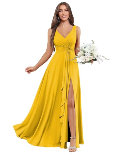 Image of BOLENSYE Bridesmaid Dresses Long Ruched Ruffles Chiffon A Line Evening Party Gown with Pockets Slit