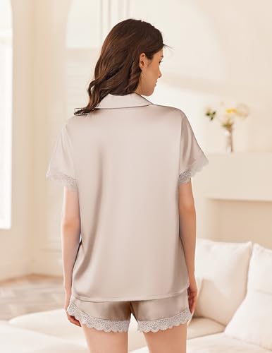 Image of Ekouaer Womens Lace Satin Pajama Set Button Down Pj Shorts Set Bridesmaids Getting Ready Outfits Casual Sleepwear XS-XXL