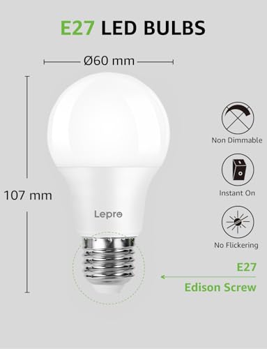 Lepro E27 Screw Bulb, Cool White 6500K, 60W Equivalent E27 LED Bulb, 8.5W 806lm Edison Screw Bulb, GLS Energy Saving LED Light Bulbs, Non-dimmable, Pack of 6