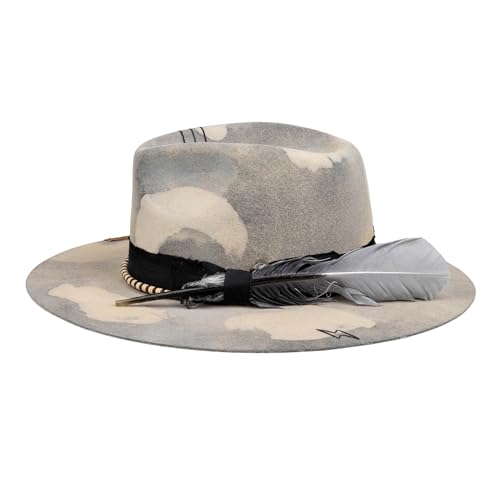 Image of RUEDIGER Vintage Wide Brim Fedora Hats 100% Wool Stiff Felt Hat Rancher Hat with Lightning Logo Handmade Distressed /Burned
