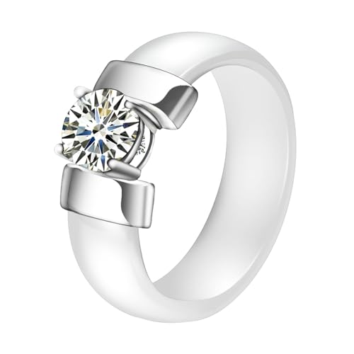 Wycian Alliance Femme Taille 54, Zirconium Bague Blanc Argent Céramique Taille 54 avec Zircone Cubique Ronde Personnalisable pour Saint-Valentin