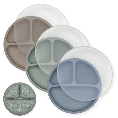 Image of Hippypotamus Toddler Plates with Suction - 100% Food-Grade Silicone Baby Plates with Lids - Microwave & Dishwasher Safe - BPA Free - Set of 3 (Fog/Sage/Taupe with LIDS)