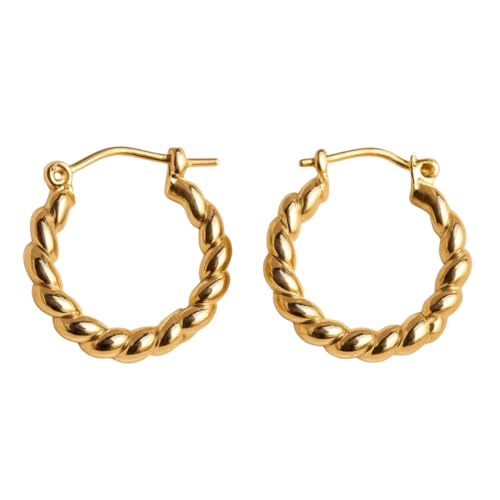 Image of KIMTI Gold Plated Hoop Earrings for Women - 18K Gold Plated Round Chunky Hoops | Lightweight Anti Tarnish Hypoallergenic Korean Style | Daily Wear Earrings for Girls and Women