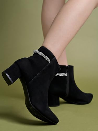 Image of Shoetopia Women's Suede Ankle Boots with Block Heel and Rhinestone Knot Detail||Side Zip Fashion Booties for Fall & Winter