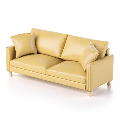 Canapé miniature de luxe 1:12 en cuir jaune moderne avec ses coussins élégants
