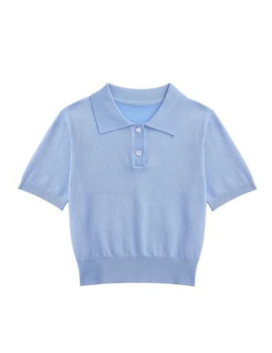 Image of Girls Short Sleeve Polo Shirt V Neck Button Down Shirts Summer Knit School Uniform Crop Tops