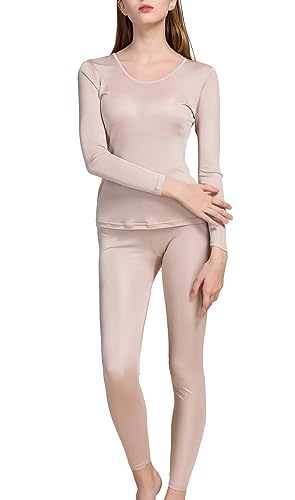 Grenasasilk Womens Silk Long Underwear Mulberry-silk Long Johns Thermal Underwear Sets Cold Weather Base Layer (Large, Beige) - Thumbnail 2