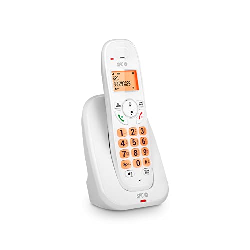 SPC Kairo - Téléphone Fixe sans Fil, Touches et écran éclairés, Identification de l'appelant, Volume Extra, compatibilité Gap, Mode écho, Blocage d'appel, Mains Libres, répertoire 30 Contacts – Blanc