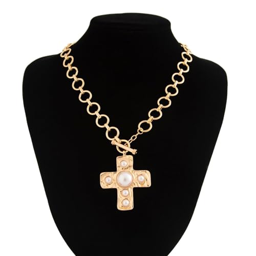 Chunky Cross Necklace for Women Statement Chunky Gold Necklace Pearl Cross Pendant Necklaces Layered Vintage Toggle Clasp Necklaces Jewelry4