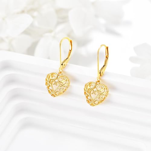14k Gold Heart Leverback Earrings for Women Ball Dangle Drop Earrings Vintage Jewelry Birthday Gifts for Her3