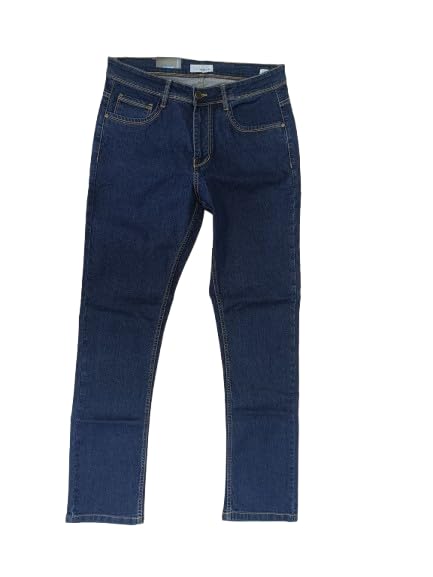 Image of Men's Slim Fit Dark Blue Stretchable Denim Jeans, Mid Rise, 5-Pocket, Solid, Casual Wear, Full Length