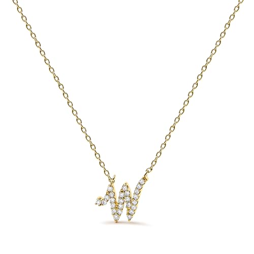 14K Yellow Gold Diamond Accent "W" Initial Script Style Pendant Necklace