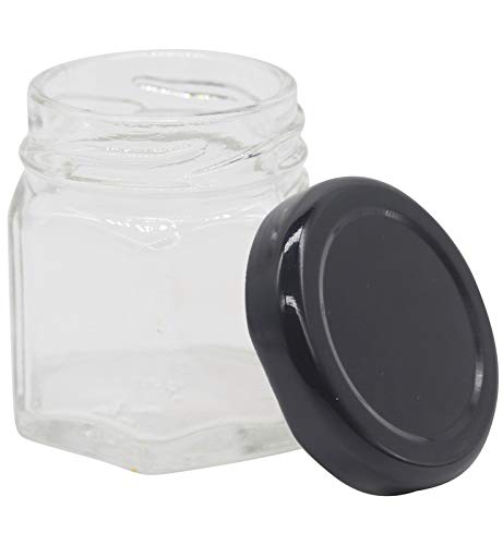 Image of Cute Hexagonal 50 grams Airtight Glass Jar Containers for Honey, Spices & other Kitchen Items with Rust Proof Black Color Caps -Set of 06