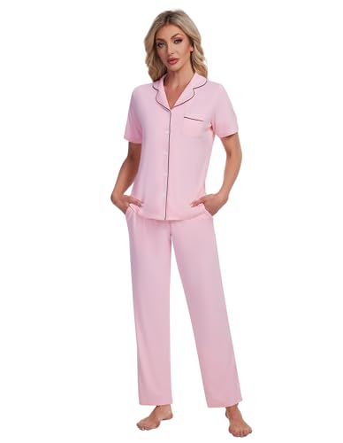 Image of Pajamas Set for Women Soft Knit Button Down Sleepwear 2 Piece Breathable Viscose from Bamboo Pjs S-XXL