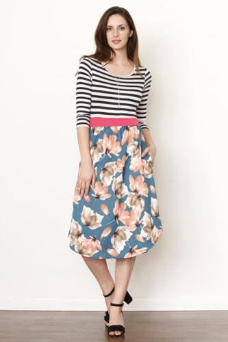 Image of Eloges Women's 3 /4 Sleeve Contrast Waist Band Floral Curved Hem Midi Dress