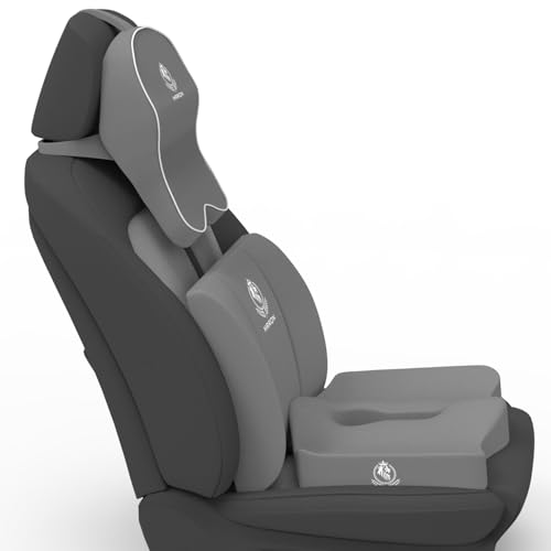 Image of MRRON Memory Foam Car Seat Cushion Combo - Backrest, Coccyx Cushion & Neckrest - Orthopedic Support for Back, Tailbone, Sciatica & Neck Pain - Ergonomic Comfort for Car, Office. (Grey, Lumbar)