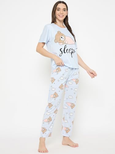 Image of CAMEY Women's Printed Pyjama Set, Short Sleeve T-Shirt and Trousers, Women Nightsuit, Loungewear Sets