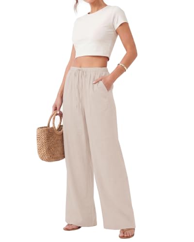 Image of ZOOSIXX Wide Leg Pants for Women - Palazzo Flowy Lounge Lightweight Summer Drawstring Trousers with Pockets Beach Vacation