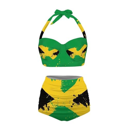 Annejudy Splashed Jamaica Flag Women High Waisted Bikini Set Two Piece Tummy Control Swimsuit Halter Top with Bottom Bathing Suit Sexy Swimwear
