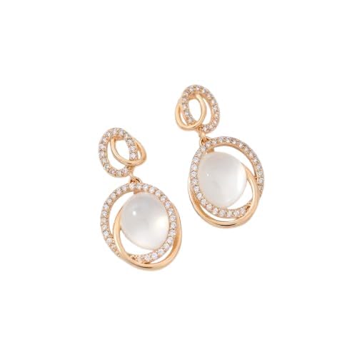 Rose Gold Drop Earrings with Moonstone and Crystal Halo, Cabochon and Diamonds-picture-32