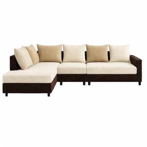 Image of FURNY Glory 6 Seater LHS Fabric Sofa Set (Dark Brown-Cream-Beige) with Velvet Finish | Durable Comfort | Ideal for Living Room | Breathable material